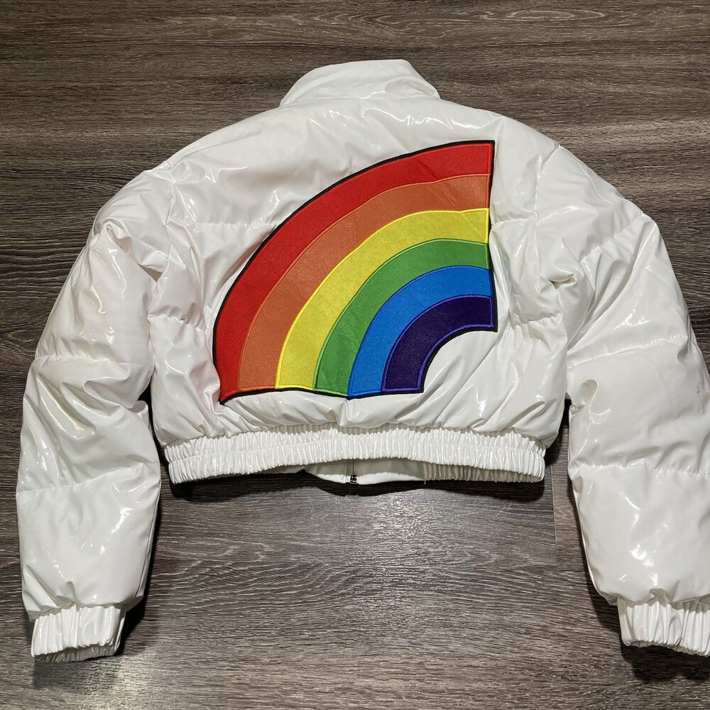 Trollz White Hooded Puffer Jacket Mens Large Tekashi SixNine Rainbow Hip Hop